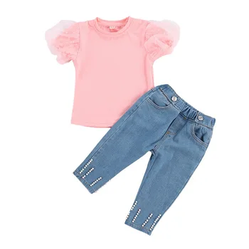 lioraitiin 1-6Years Toddler Bebek Kız Moda Giyim Seti Kısa Kollu Dantel Pembe Üst Gömlek Denim Pantolon 2 Adet Kıyafet Sevimli Kız İçin