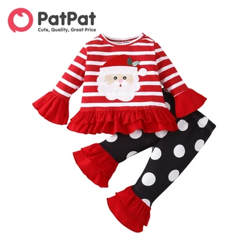 PatPat Noel 2 adet Bebek Kız %95 % pamuklu uzun kollu tişört Santa İşlemeli fırfır etekli Çizgili Üst ve Polka Dot Alevlendi pantolon seti