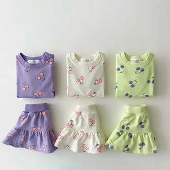 2022 Kız çocuk yaz Giysileri Set Baskılı Kiraz kısa kollu tişört Etekler 2 ADET Toddler Kız Elbise 1-5 Yıl Çocuklar Bebek Kız Kıyafet