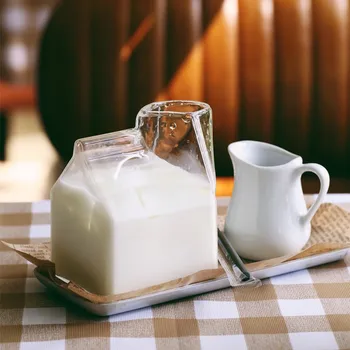 Cam Süt Kartonları, 12 OZ Sevimli Şeffaf süt kupası Mikrodalga Kahve Kreması Konteyner Süt Kreması Kutusu Kare Kahvaltı Kupa