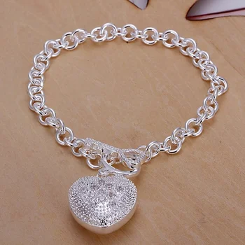 kadınlar için 925 ayar Gümüş Bilezik 8 inç popüler sevgililer hediye güzel Takı romantik kakma taş kalp Bilezikler