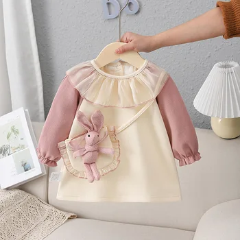 Bebek Bahar Kıyafet A-line Çocuk Kostüm Kız Elbise Bebek Rahat Çocuk Giysileri Tavşan Çantası 0-4Y