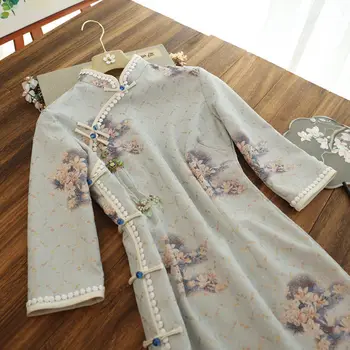 Sonbahar 2021 Yeni Retro Uzun kollu Cheongsam Günlük Genç Tarzı Qipao Zarif Modern Orientale Elbise Vestido