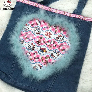 Orijinal Lüks Tasarım Çanta Hello Kitty Çanta Kalp Peluş Büyük Kapasiteli kovboy çantası Sanrio Çanta Y2k Kadın Moda omuzdan askili çanta