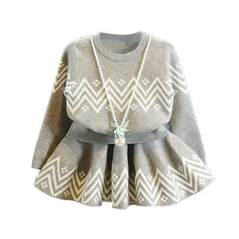 Avrupa tarzı Bebek Kız Giysileri Set vintage Toddler Pamuk gri dalga şerit üstleri + etek 2 adet set Çocuklar Kız dış giyim sonbahar