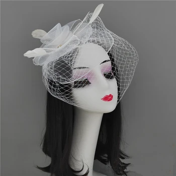 Kadın Fascinator düğün Parti Peçe Tüy Saç Tokası Şapka Örgü Net Gelin Hairband Saç Dekoratif Kore Japonya Siyah Beyaz