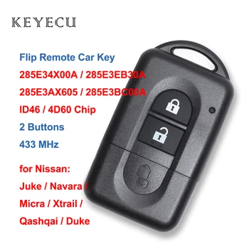 Keyecu Çevirme Uzaktan Araba Anahtarı Fob 2 Düğmeler 433MHz ID46/ 4D60 Çip Nissan Juke için Navara Micra Xtrail Qashqai Duke