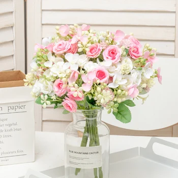 Güzel Pembe İpek Yapay Gül Çiçek Küçük Buket Düğün Ev Partisi DIY Dekorasyon Sahte Çiçek Beyaz Masa Aranjmanı