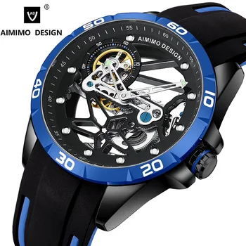AIMIMO tasarım Saatler Erkekler Saat Mekanik erkek saati Otomatik İskelet saatler Çift Şeffaf Safir Cam Reloj Hombre