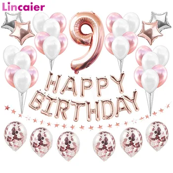 37 adet Numarası 9 Folyo Balonlar Mutlu Doğum Günü Partisi Süslemeleri 9 Yaşında Nineth 9th Erkek Kız Dokuz Malzemeleri Gül Altın Pembe Mavi