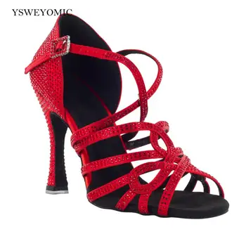 Dans Ayakkabıları 2021 Yeni Stil Kırmızı Saten Kristal Yüksek Kaliteli Süet Taban Kadın Latin Dans Ayakkabıları Kapalı Özelleştirilmiş Latin Ayakkabı