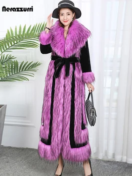 Nerazzurri Kış Ekstra Uzun Kalın Sıcak Yumuşak Kabarık Taklit Kürk Ceket Kemer Pist Zarif Lüks Vintage Şık Bayan Moda 2022