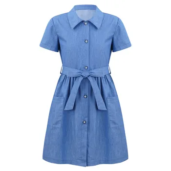 Büyük Kızlar Mavi Denim Elbise bel kemeri Çocuklar Kısa Kollu Rahat Kız Elbise çocuk Elbiseleri Genç Giysileri 8 10 12 14 Y