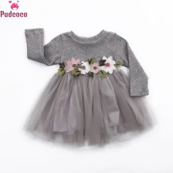 Tatlı Sonbahar Kış Baskı Çiçek Bebek Kız Örme Elbise Tutu Balo Uzun Kollu Prenses Elbiseler Kız Elbise