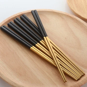 5 Pairs Çubuklarını Paslanmaz Çelik Çin Altın Seti Siyah Metal çubuklarını Seti Suşi Yemek Takımı için Kullanılan