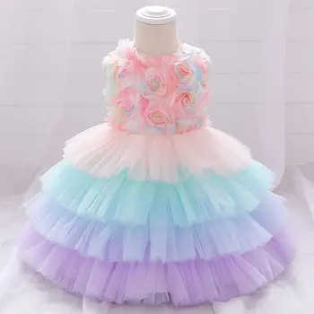 Gökkuşağı Bebek 1st doğum günü elbiseleri Kızlar için Sevimli Yenidoğan Bebek Vaftiz Katmanlı Elbise Çiçek Yürüyor Çocuk Prenses Parti Kıyafeti