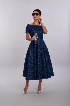 Zarif Anne gelinlik Kısa Kollu Aplike Kristal Dantelli Düğün Konuk Elbise Çay Boyu gece elbisesi فستان