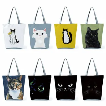 Siyah Kedi Baskı Hayvan Sanat Boyama Alışveriş El Çantaları Kadınlar İçin Okul Kitap Çantası Eko Büyük Grafik Tote Alışveriş Çantası Butik
