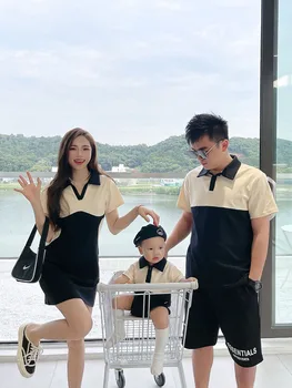 Bebek yaz aile üç anne Baba ve çocuk kısa kollu tişört siyah beyaz Renk Patchwork gömlek elbise