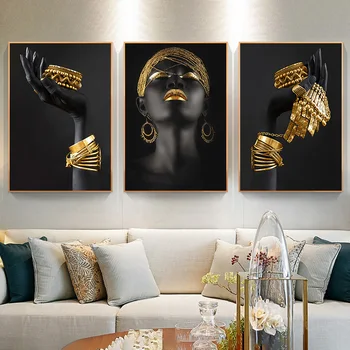 Afrika Siyah Kadın Portre Tuval Boyama Holding Altın Takı Soyut Posterler ve Baskılar Oturma Odası Dekor için Hiçbir Çerçeve
