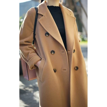 2022 Kore Kadın Sonbahar Kış Kruvaze Uzun Yün Ceket Bayanlar Uzun Kollu Turn-aşağı Yaka Palto Parka Ceket Vintage
