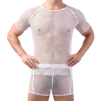 Seksi Mesh See-Through Gömlek Kostüm balık ağı kısa kollu t-shirt Gece Kulübü Şeffaf Üstleri Moda Erkek Gömlek Seti
