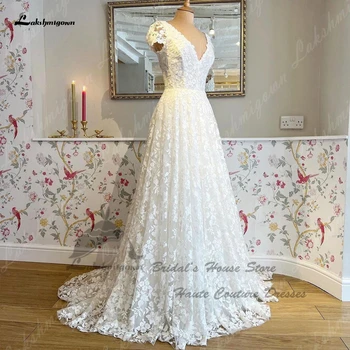 Lakshmigown Lüks Boho Dantel düğün elbisesi Gelin Kap Kısa Kollu 2023 V Boyun Bir Çizgi Prenses Ülke Gelinlikler
