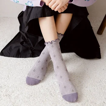 Harajuku Retro Çiçek Fırfırlı Fırfır Çorap Kadın Moda Nakış Kadın Çorap Pamuk Etnik Streetwear Kawaii Sevimli Uzun Çorap