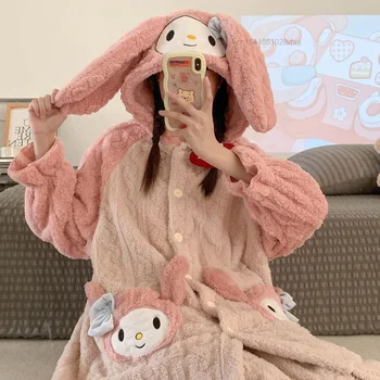 Sanrio Hellp Kitty Kuromi Ev Giysileri Y2k Kawaii Benim Melody Cinnamoroll Pijama Set Kadın Kış Kalın Mercan Polar Pijama