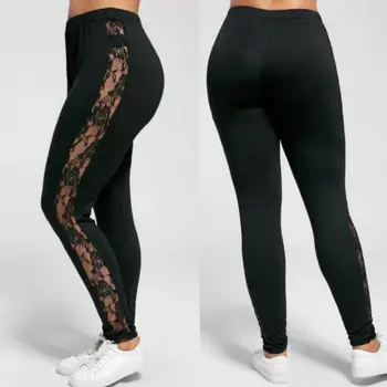 Tayt 2021 Rahat Seksi Kadın dantel pantolon Siyah Ekleme Şeffaf Tayt Elastan Artı Boyutu L-3XL