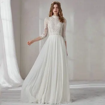 Yeni Fildişi Dantel Şifon düğün elbisesi Boho Yüksek Boyun 3/4 Kollu 2022 En Kaliteli Vestidos De Novia Kat Uzunluk Robe De Mariage