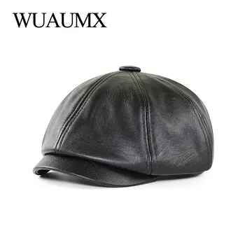 Wuaumx PU Newsboy Kapaklar Erkekler Suni Deri Sekizgen Şapka Erkek Retro Orta Yaşlı Ördek Gagası Bere Siyah Dedektif Şapka Ressam Kapaklar
