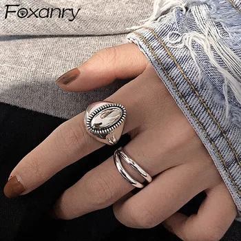 Foxanry INS Moda Damga Parmak Yüzük Kadınlar için Yaratıcı Vintage El Yapımı Geometrik Zarif Parti Takı Hediyeler