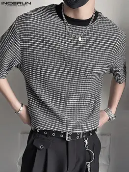 INCERUN Üstleri 2022 Kore Tarzı Erkekler Rahat Doku T-Shirt Casual Sıcak Satış Ekose Desen Kısa kollu Gevşek Camiseta S-5XL
