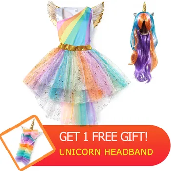 PaMaBa Çocuklar Fantezi Unicorn Gökkuşağı Tutu Elbise Parti Malzemeleri Unicorn Peruk ve Kanatları Kızlar Diz Üstü Moda Midilli Frocks Giyim
