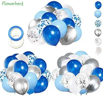 62 adet Mavi Gümüş Beyaz konfeti balonları Kiti 12 İnç Lateks Mavi Balonlar Çocuk Doğum Günü Bebek Duş Mezuniyet Parti Malzemeleri