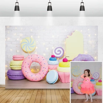 Laeacco doğum günü fotoğraf arka planında tuğla duvar ışıkları çörek kek şeker çocuk yenidoğan bebek duş Fotoğrafçılık arka Plan stüdyo