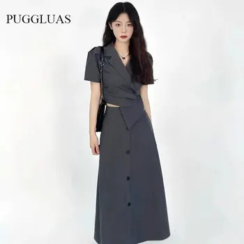 Moda Blazer Takım Elbise kadın Yaz Yeni Tasarım Kırpma Üst + A-line Etek Zarif Gri İki parçalı Set Elbiseler Ofis Bayan Elbise Setleri