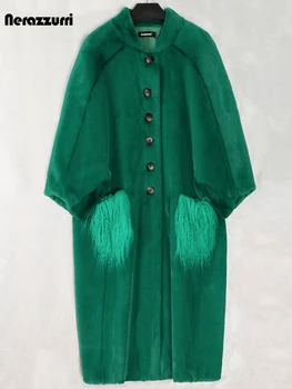 Nerazzurri Büyük Boy Yeşil Uzun Kabarık Taklit Kürk Ceket Kadınlar Yarasa Kollu Moğol Kürk Cepler Kürklü Palto Kore Moda 2022