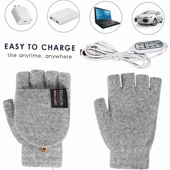 Kadın erkek örme elektrikli çift taraflı ısıtma eldiven kalınlaşmak sıcak sonbahar kış USB ısıtmalı termal yarım parmak Mitten