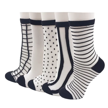 5 Çift / grup Farklı Stil Dantel Şeffaf Kristal Kadın Çorap Rahat Şeffaf İpek Yaz Tarzı Ayak Bileği Çorap