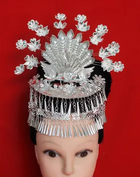 Miao Gümüş Hmong Aksesuar Miao Mücevher Çin Geleneksel Retro Miao Gümüş Dans Giyim Tokalar Şapkalar