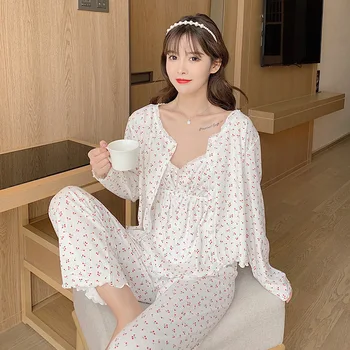 Sonbahar kışlık pijama kadın İlkbahar ve Sonbahar pamuklu uzun kollu tişört Kiraz Kaşkorse Ev Hizmeti Üç parçalı Takım Elbise Bahar