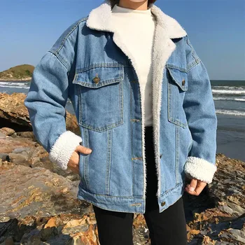 Rahat kalın sıcak mavi Kış ceket kadınlar için Yeni öğrenci tarzı Sonbahar Kuzu yün Kot Denim Ceketler kar Temel kadın ceket