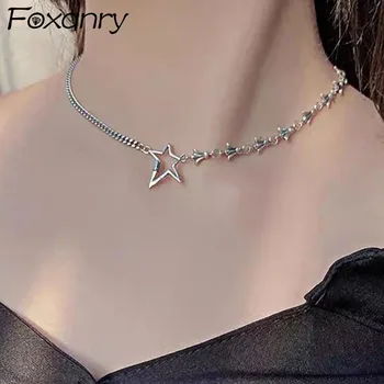 Foxanry Gümüş Renk Pentagram Yıldız Klavikula Zincir Trendy Kazak Kolye Kadınlar için Tay Gümüş Parti Takı Hediyeler