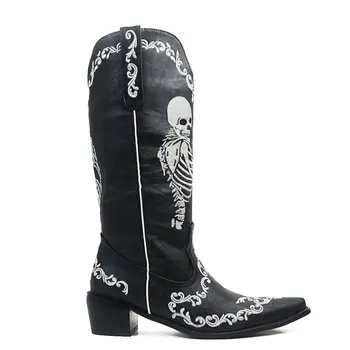 Gnazhee kadın Kafatası İskelet Özçekim Kovboy Batı Çizmeler Slip-On Goth Sonbahar Kış Ayakkabı Buzağı Çizme