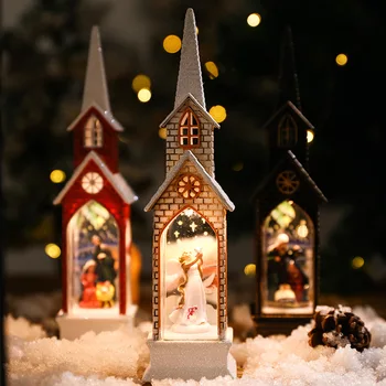 Noel dekorasyon ahşap kule süsler aydınlık kilise küçük kale el sanatları retro sahne kapalı ev mobilyası navidad