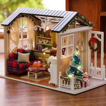DIY Noel Dollhouse Mini 3D Ahşap bebek evi Minyatür Mobilya takımı Müzik LED ışıkları Oyuncaklar Çocuklar için doğum günü hediyesi