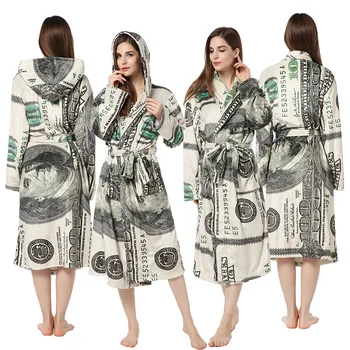 Kadınlar ve Erkekler için pijama Dolar Baskılı Gecelik Ev Giysileri Sıcak Bornoz Uzun Elbise gece elbisesi Gecelik Uzun Pijama Elbiseler