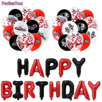 Yarış Doğum Günü Dekorasyon Formülü Araba Siyah ve beyaz Damalı Bayrak Mutlu Doğum Günü Afiş Konfeti Balon